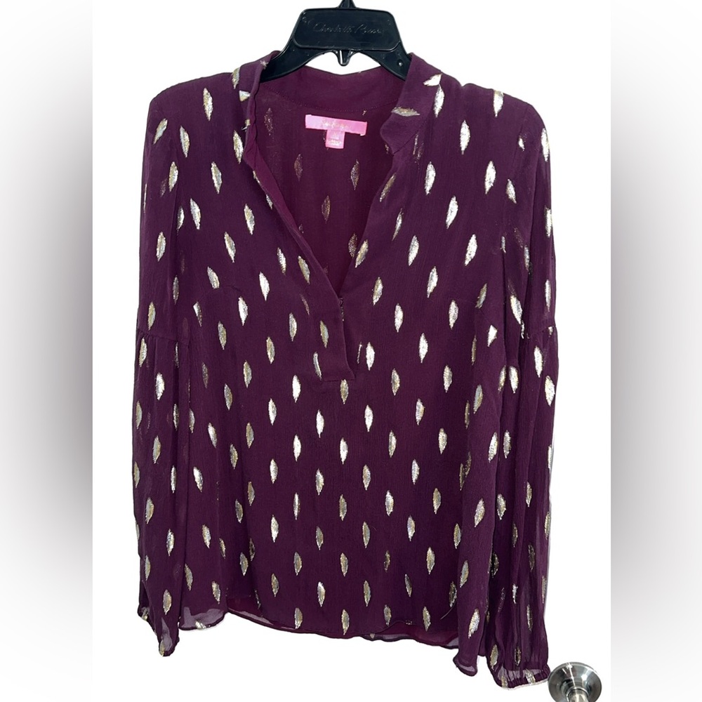 Lilly Pulitzer Purple Blouse with Gold Leaf Pattern
